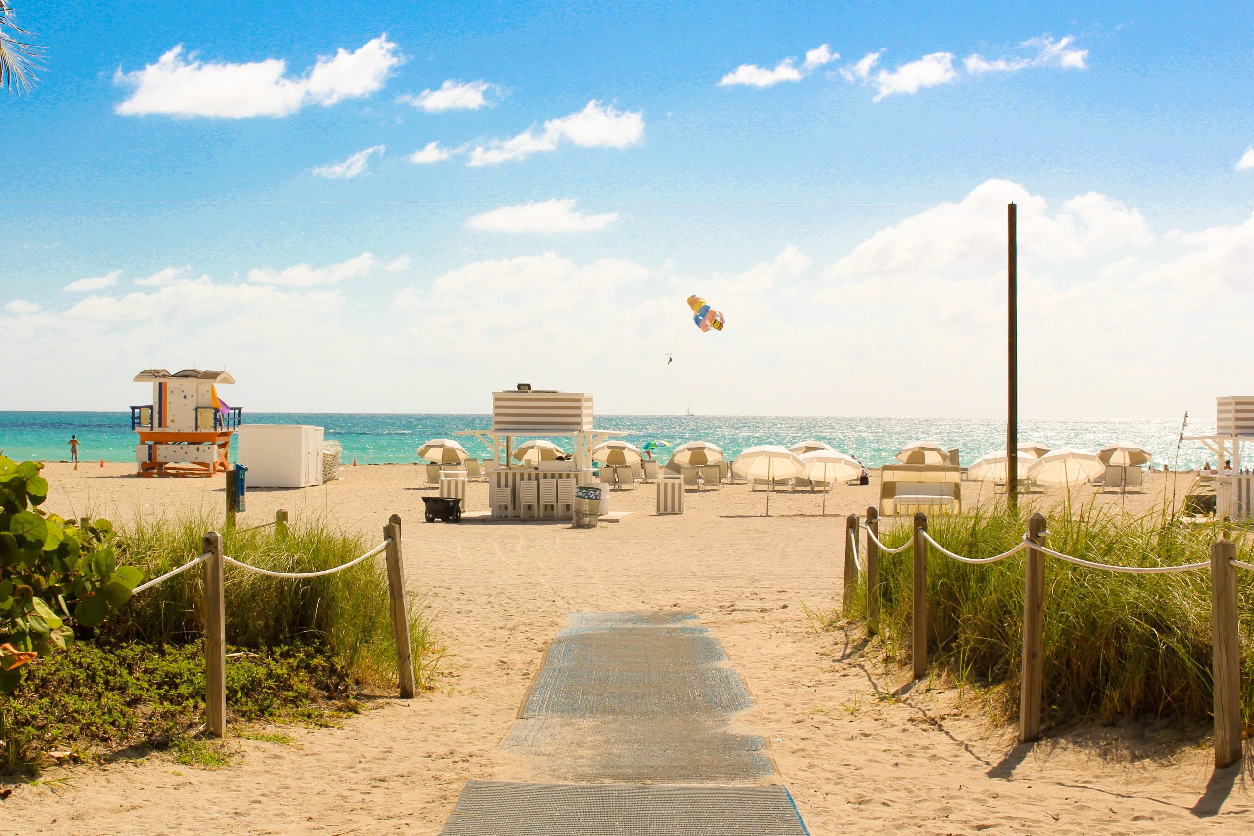 Sandy beach walkway with dunes on the right and left, facing umbrellas towards the ocean.